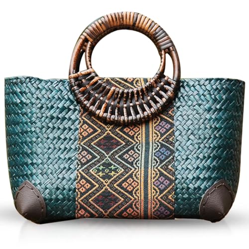 Bolso de playa para mujer, bolso tote de ratán artesanal, asa redonda de bambú miniatura 1
