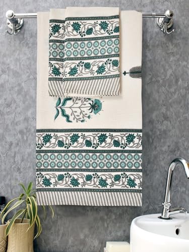 Image of Mafatlal Madhuban Cotton Towel Set (1 Bath 147x76 cm + 2 Hand 76x38 cm) | 250 GSM | Lightweight, Quick Dry & Hand Printed | Biscay Bay Color