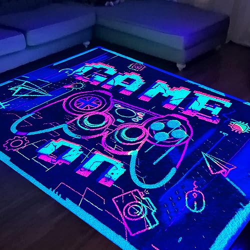 HOLAVIDA Neon Spiel Teppiche Gegend, 3D Schwarzlicht UV-reaktiver Spiel Controller Teppich,...