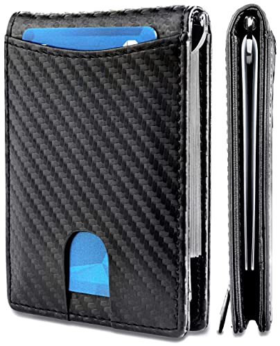 RFID Blocking Slim Bifold Genuine Genuine Leather Minimalist Front Pocket Wallets for Men with Money Clip Thin Gift Mens Wallet (Carbon Fiber)
