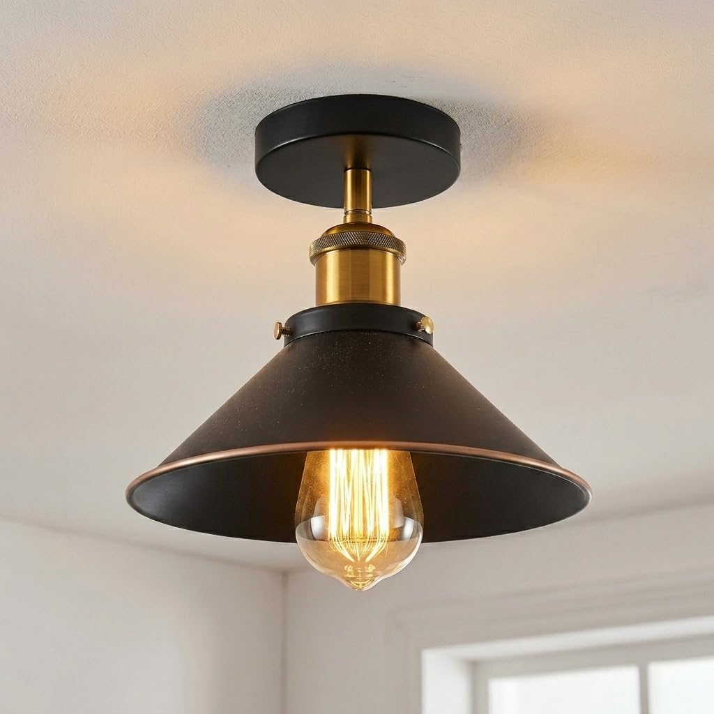 DC VOLTAGE Vintage Ceiling Light Semi Flush Mount Metal Black Golden Outline Cone Lamp Shade 22cm E27 Bulb Base Easy Lighting Fixture for Hall Living Room Bedroom with Bulb — image 1
