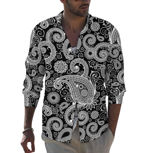 TZTTZT Camisas de manga larga con botones para hombre, diseño de cachemira india, color blanco y negro, ajuste regular, Negro, Large