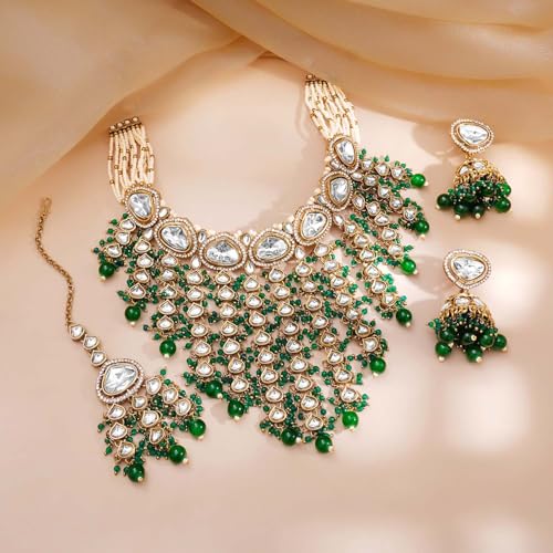 Image of Rubans Necklace Maangtikka Set Gold Plated Kundan & Pearl Jewellery Gift for Women & Girls