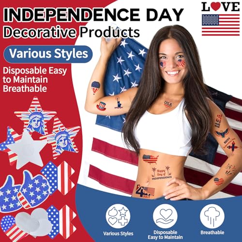 Image of Patriotic Nipple Covers Stickers with American Flag Design - Red White Blue Face Patriotic Tattoo & Heart Pasties, Patriotic Pasties - Adhesive for BBQ, Parade, Parties - Outfit Accessories
