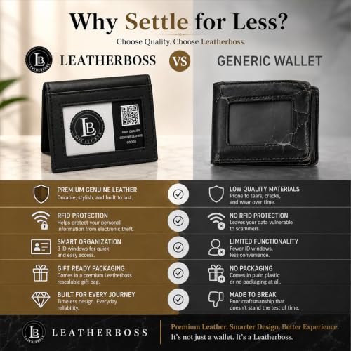 Image of LB LEATHERBOSS Slim Thin Leather Credit Card Triple ID Window Mini Wallet Bifold Driver License Safe (Black)