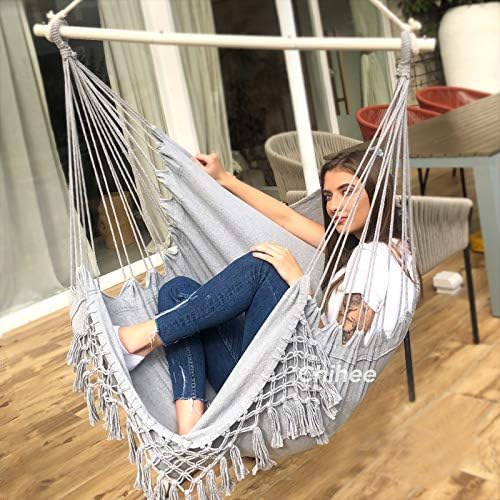 Chihee Hammock Chair Large Relax Hanging Swing Chair Cotton Weave for Superior Comfort Elegant Tassels Creative Metal Strong Spreader Bar 3-section Combination Detachable Easy to Install