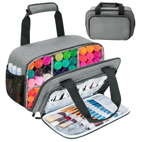 Image of Acrylic Paint Organizer Bag, Acrylic Paint Storage Case for up to 54 Bottles (2 oz) Art Supply Storage Case with Handle Strap, Gray