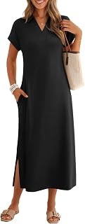 MEROKEETY Women's V-Neck Maxi Dress with Cap Sleeves, Pockets & Side Splits