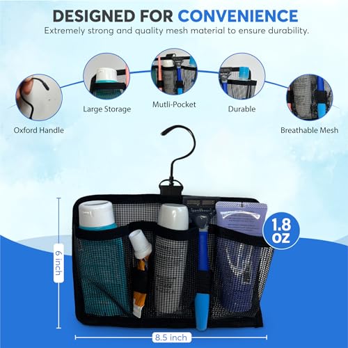 Generic Hangable Mesh Shower Travel Kit Caddy - Large Capacity Travel Organizer with 3 Compartments and 2 Elastic Bands (black) (Swivel Hook)2