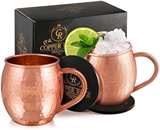 Copper Roze Moscow Mule Copper Mugs Gift Set of 2 Copper Mule Mugs and 2 Coasters, 100% Pure Solid Copper Cups with Hammered Finish