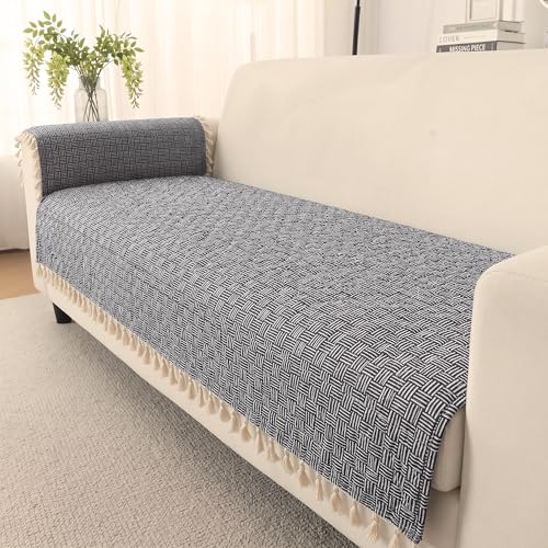 Image of Story@Home Quilted Anti Slip Sofa Cover Mat with 2 Armrest Cover, 3 Seater Velvet Sofa Protector with Tassels | Sofa Cover Mat for 1 /2 /3 Seater & L-Shape Sofa - 76 x 178 Cm - Navy Blue & White