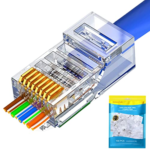 PETECHTOOL RJ45 Cat6 Cat5 Connectors Ends Gold Plated 8P8C Ethernet Pass Through Plug (100Pack) by PETECHTOOL - Used condition - US$12.29