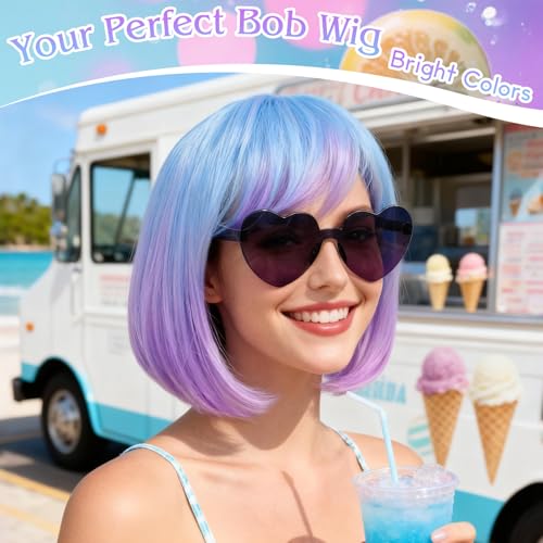 Image of PLULON Blue Purple Ombre Bob Wig with Bangs, Colorful Short Funny Bob Wigs with Heart Sunglasses Hair Cap Cosplay Hairpieces for Halloween Costume Party Heat Temperature Synthetic Fiber for Women Men