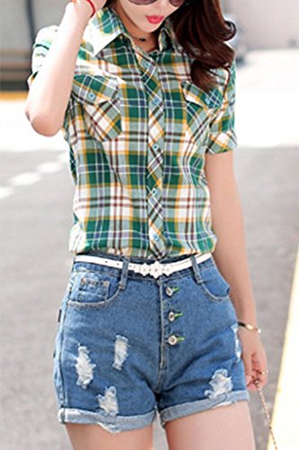 Lasher Women's Cotton V Neck Short Sleeve Plaid Shirt Button-Up Shirts,Water Green,Us Medium/Asian Xxl #TOP3