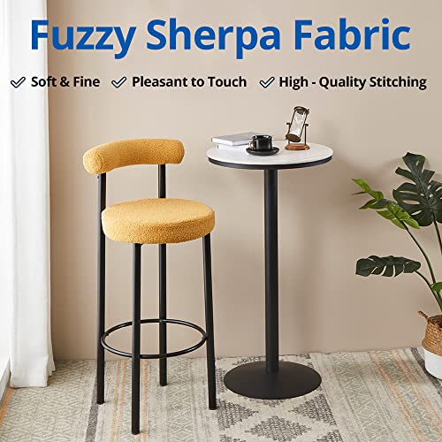 Cozy Castle Fuzzy Sherpa 28-Inch Bar Chair For Kitchen Set Of 2, Upholstered Boucle Bar Stool, Round Metal Base Modern Barstool, Yellow #TOP2