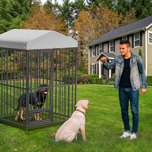 Large Outdoor Dog Kennel with Waterproof Cover, Large Dog House with Feeding Doors, Heavy Duty Dog Enclosures for Garden Backyard Courtyard（4×4×6FT）
