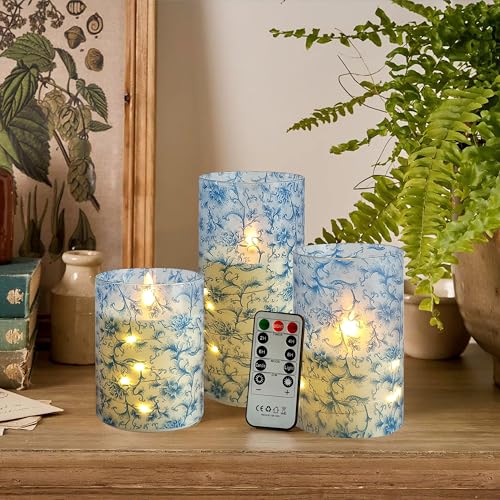 Image of Flickering Flameless Candles Blue Floral Print, Embedded Star String Lights, Battery Operated Acrylic LED Pillar Candles with 11-Key Remote and Timer for Home Decoration, 3 Pack