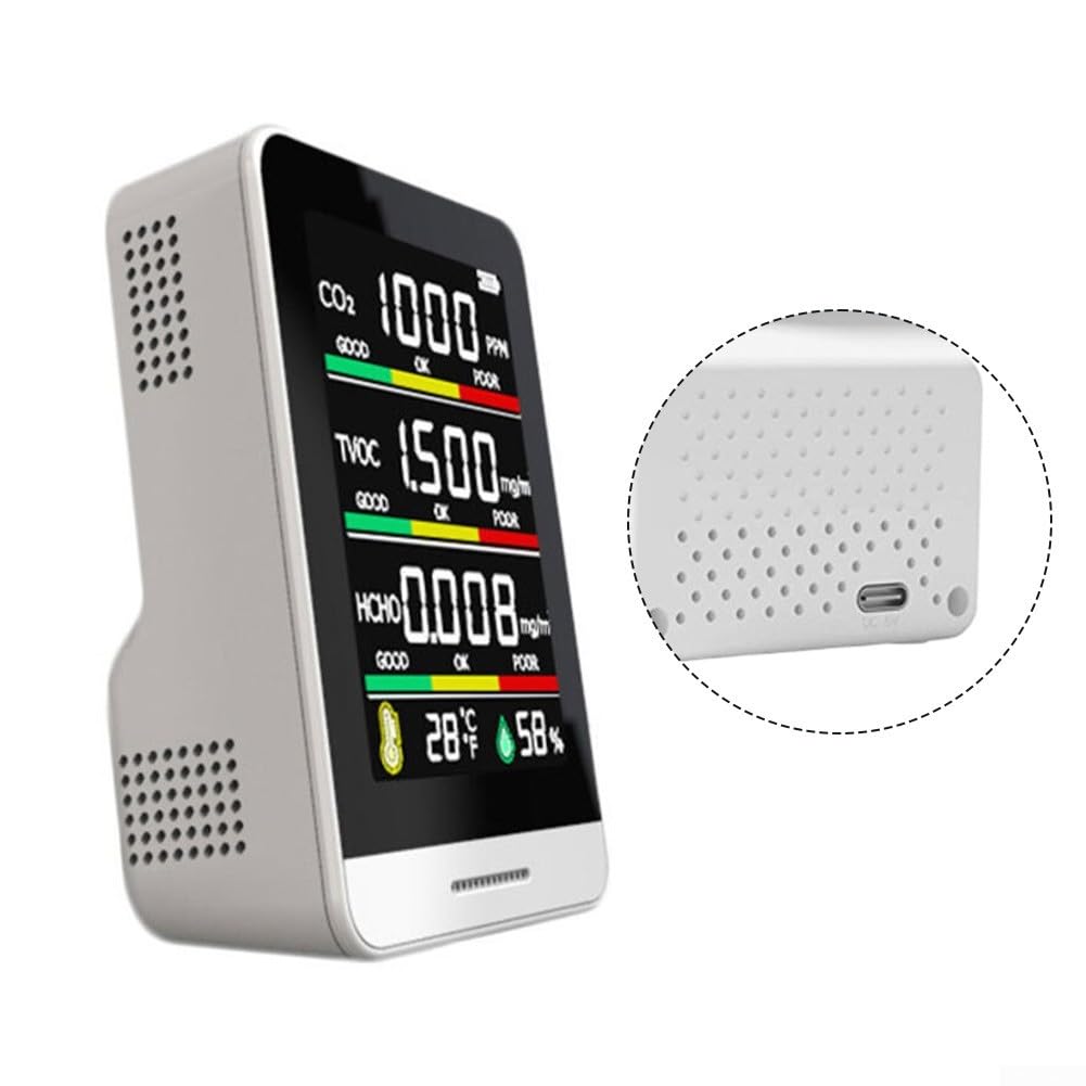 Misuratore di qualità dell'aria 5 in 1 per TVOC, formaldeide, temperatura e umidità, con display a colori e batteria USB, per ufficio, casa e scuola