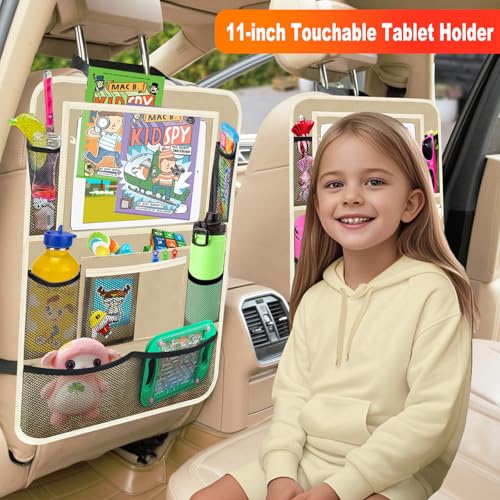 Image of Car Backseat Organizer ,2 Pack Car Organizer Back Seat with 11 inch Tablet Holder, 10 Storage Pockets Seat Back Protectors Kick Mats for Kids Toddlers, Travel Accessories (Beige)