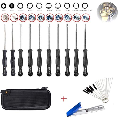 oGoDeal - Juego de 10 destornilladores para ajustar carburador de motor pequeño de 2 tiempos Husqvarna, Chainsaw, Weed Eater, Troy Bilt, etc, con bolsa, cepillo y kit de herramientas de limpieza