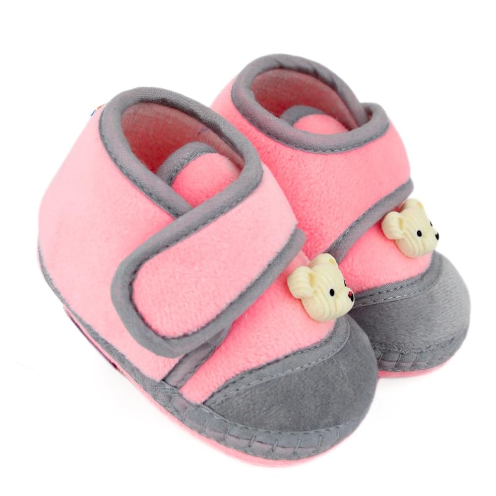neska moda 6 To 12 Months Baby Boys & Baby Girls Velboa Bear Face Pink,Grey Hook & Loop Shoe Booties-BT5608-picture-43