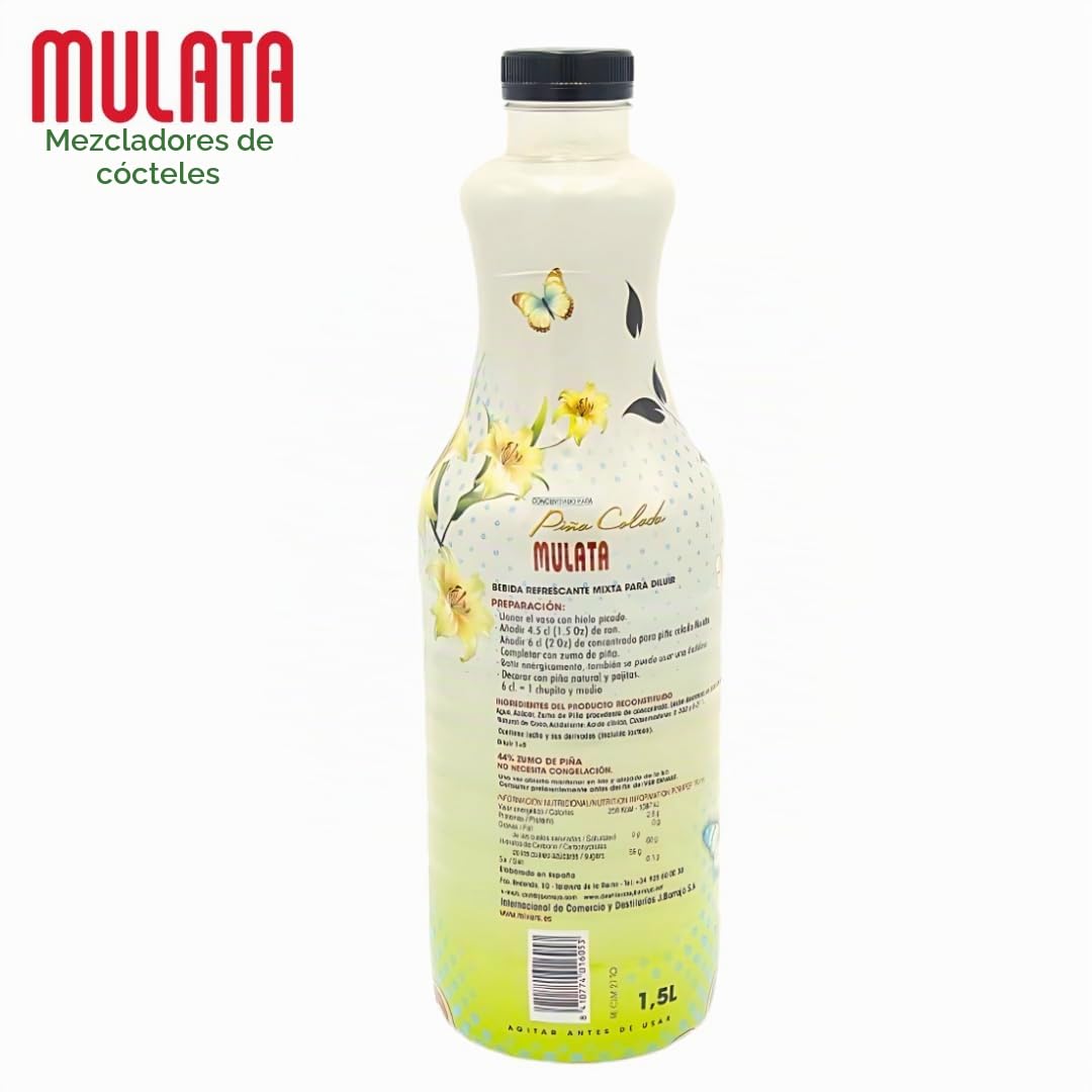 Mulata Concentrado Piña Colada 1.5L - Concentrado para 25 piñas coladas perfectas y fáciles en segundos - Elaborado con zumo de piña y aroma natural de coco