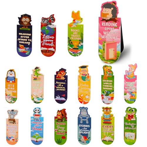 16 Pack Magnetic Bookmarks for Children & Adults Cute Animal Bookmarks for Easter Basket Inspirational Bookmark Set Party Bag Fillers for Book Lovers Students Christmas Gifts