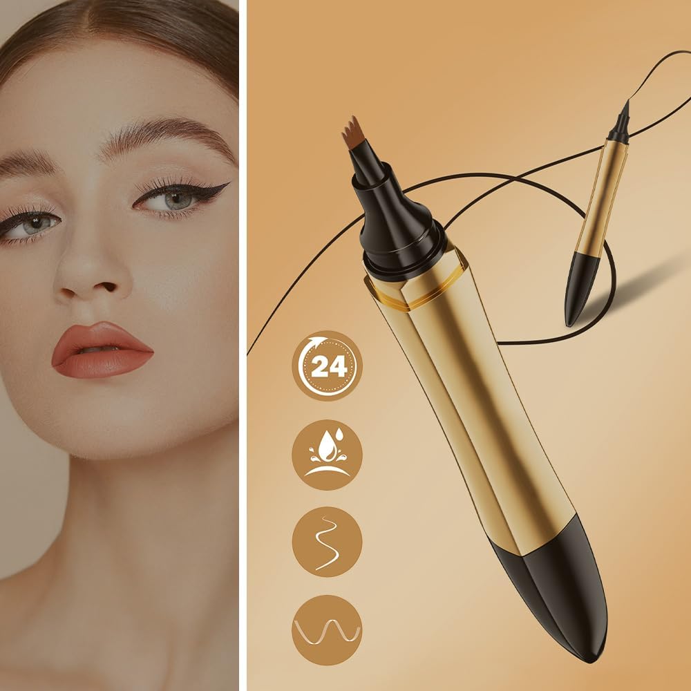 2 in 1 Magischer Augenbrauenstift, 2024 Upgrade Multifunktions-3D-Microblading-Augenbrauen-Tätowierungsstift 4-Gabelspitze mit Eyeliner, Doppelkopf-Augenbrauenstift Wasserdichte (4 Farben)