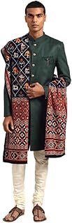 kisah Men's Indo-Western Sherwani Churidar with Dupatta Set, Black Cotton Blend, Solid Dyed Regular Fit Mandarin Collar Long Sleeves-picture-38