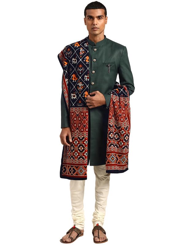 kisah Men's Indo-Western Sherwani Churidar with Dupatta Set, Black Cotton Blend, Solid Dyed Regular Fit Mandarin Collar Long Sleeves-picture-13