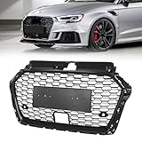 Partzer Front Bumper Grille Compatible with 2017-2020 Audi A3 8V RS3 Style Front Honeycomb Mesh Grille Gloss Black W/ACC