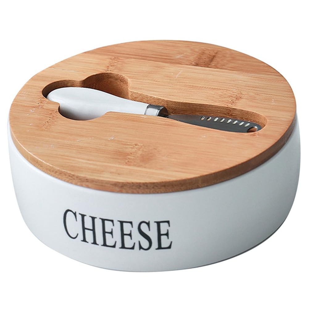 Caja de almacenamiento de queso de cerámica con tapa y cuchillos, perfecta para los amantes del queso, elegante decoración de cocina, ideal para fiestas y entretenimiento, mantiene el queso fresco y