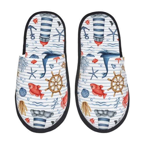 Watercolor Nautical Slippers for Women Fuzzy House Shoes Anti-Skid Indoor Slipper Gifts for Women Mom Ladies2