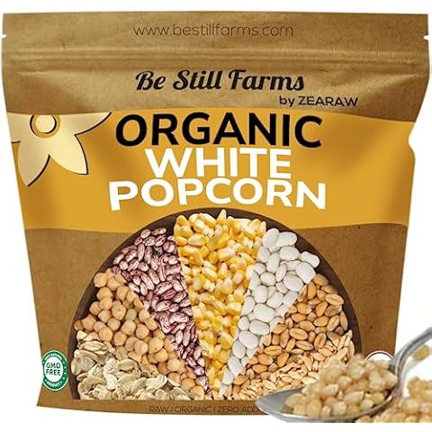 Be Still Farms White Organic Popcorn Kernels Hulless Uncooked 2.8lb - Corn Ideal for Popping - Healthy Microwave Snacks Great for Movie Night - USA Grown | Vegan | Non-GMO | USDA Certified Cover