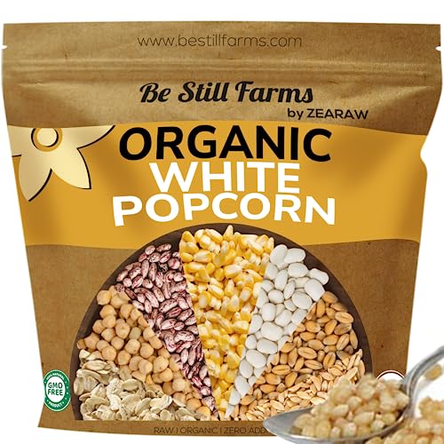 Be Still Farms White Organic Popcorn Kernels (4.8lb) - Hulless Uncooked Corn Bulk Ideal for Popping - Healthy Microwave Snacks Great for Movie Night - USA Grown | USDA Certified | Non-GMO | Vegan