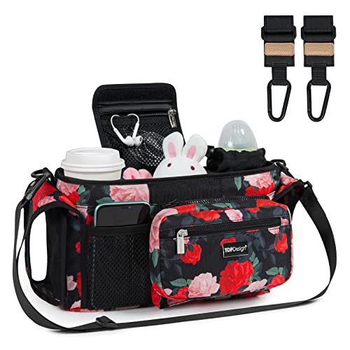 Image of TOPDesign Universal Baby Stroller Organizer, Stroller Caddy with Heightened Insulated Cup Holders & Non-Slip Secure Hooks Accessories, Fits Most Strollers, Machine Washable (Chinese Rose)