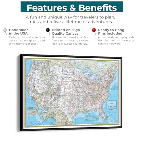Image of National Geographic Classic USA Map with Pins - Personalized United States Travel Map Canvas - Extra Large Framed Wall Decor - Silver Float Frame - 34 inch x 51 inch