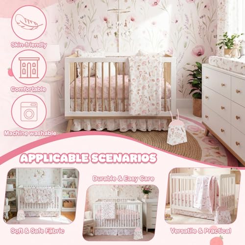 Image of Hahafelt 4 Pieces Crib Bedding Set for Girls and Boys, Soft Baby Bedding Set Including Crib Skirt, Comforter, Sheet and Diaper Stacker for Nursery(Pink Floral)