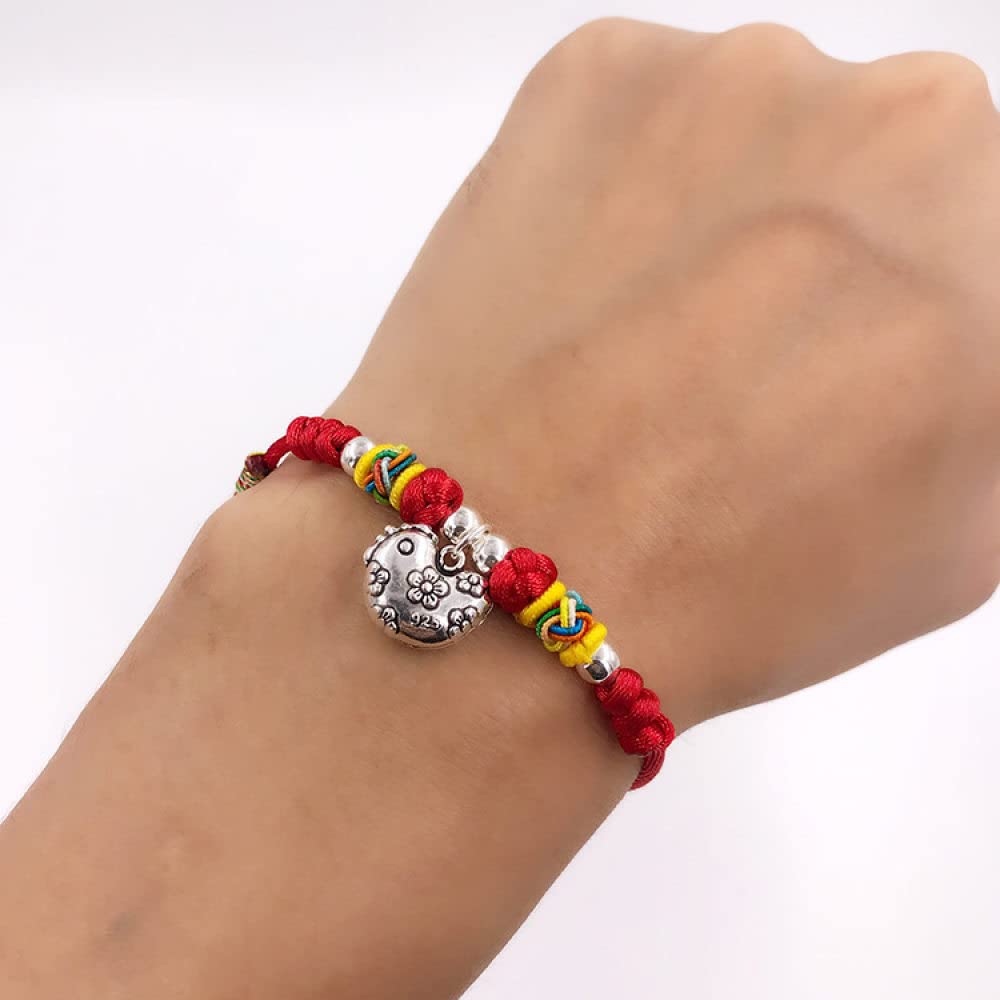 Bracciale rigido in argento for donna, bracciale intrecciato in corda rossa con ciondolo animale in argento S925 simpatico pulcino braccialetti dell'amicizia regolabili gioielli etnici fortu