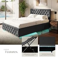 tectake® Chesterfield, Bett 180 x 200 cm, Schlafzimmer Bett mit Bettkasten, Polsterbett, Bett mit Stauraum, Doppelbett, Jugendbett, King Size Bed, Schlafbett, Gaming Bett mit LED - Samtoptik schwarz – Ansicht 5