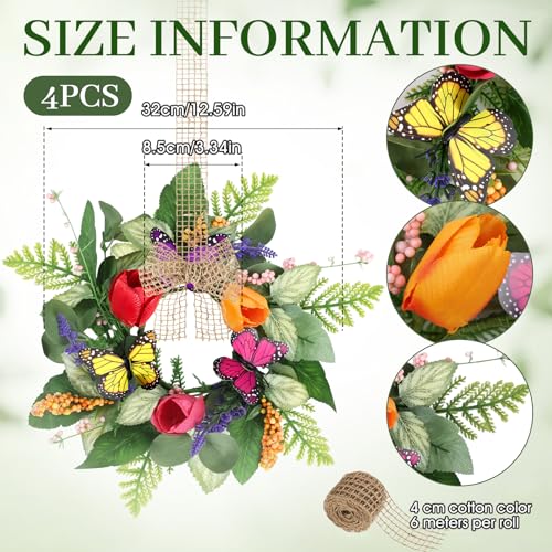 Image of 4 PCS Summer Lavender Tulips Candle Rings Wreaths Artificial Floral Pillar Candle Holder Wreaths with Butterfly Mini Spring Summer Candle Rings for Table Centerpiece Home Farmhouse Cabinet Porch Decor
