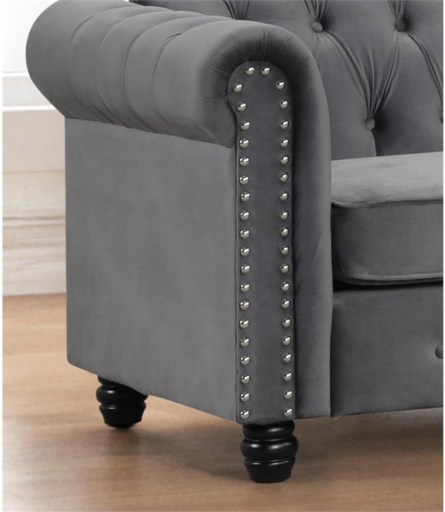 Pemberly Row Velvet Sofa Loveseat Armchair Set, Gray Luxury Fabric, Solid Wood Legs with Black Finish, Retro-Glam Style Living Room Furniture, Durable Upholstery, Easy Clean Cushions, Versatile
