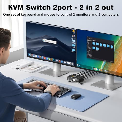 Image of HDMI+Displayport KVM Switch 2 Monitors 2 Computers 8K@60HZ Dual Monitors KVM Switcher for 2 PC /Laptops Share Mouse Keyboard and 2 Screens,with USB3.0 Ports /Wired Controller EDID Adapative