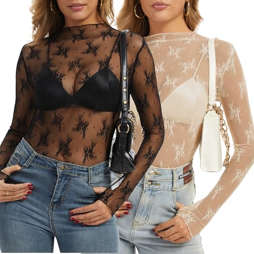 Women's Long Sleeve Lace Tops Mesh Tops Sheer Layering Top Sexy Mock Neck Floral See Through Shirt Blouse