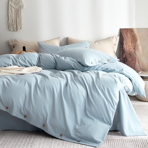 Image of JELLYMONI 100% Washed Cotton Duvet Cover Twin - Soft, Breathable Linen-Look Bedding with Natural Wrinkle Texture, Button Closure, 2-Piece Set (Mist Blue, 68 inchx90 inch)