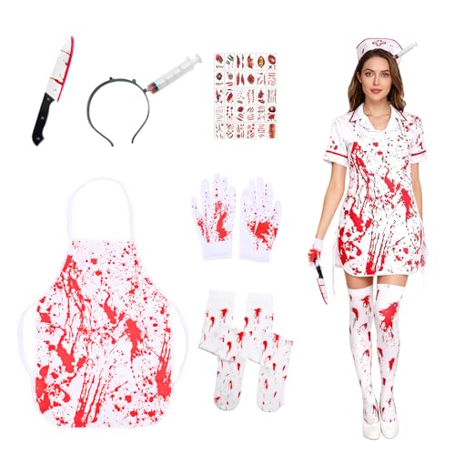 Snyvpra Halloween Krankenschwester Kostüm Set, Horror Nurse Cosplay Outfit mit Blutiger Schürze, Schlächter Zubehör und Tattoo Aufklebern,...