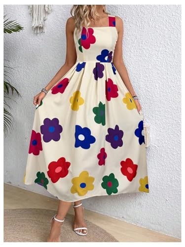 Image of Floerns Women's Flower Print Sleeveless Sundress Square Neck Vacation Long Dress