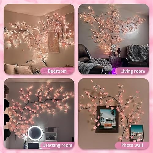 Image of P SEVEN Cherry Blossom LED String Lights, Pink Flower Vine Wall Decor with Remote Control, USB Powered, DIY Indoor Decoration (Cherry Blossom Willow Light)