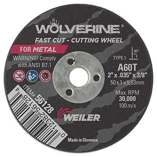 Image of Weiler 56128 2-Inch Cutting Wheel, Wolverine AO Steel /Metal Fast Cut, Value Cutting, 0.035 inch A60T Type 1 3 /8 inch Arbor (Pack of 100)