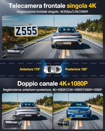 GKU 4K Dash Cam Auto, 5GHz WiFi e GPS, Doppia Telecamera Auto, Mini Dashcam 2 GKU 4K Dash Cam Auto, 5GHz WiFi e GPS, Doppia Telecamera Auto, Mini Dashcam - immagine 2